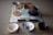 A tea set is arranged on a tabletop, including a transparent glass teapot with a metal lid and handle on a circular wooden mat. There is a lidded ceramic teapot with a red and black pattern, a white bowl, and a small black bowl on wooden coasters. A third bowl is decorated with blue illustrations of fish. Loose tea leaves rest on a small wooden board in the background.
