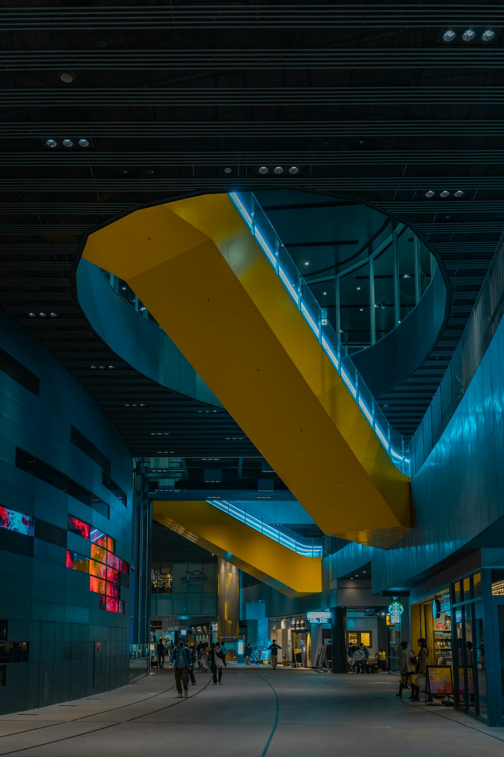 a large blue object in a building