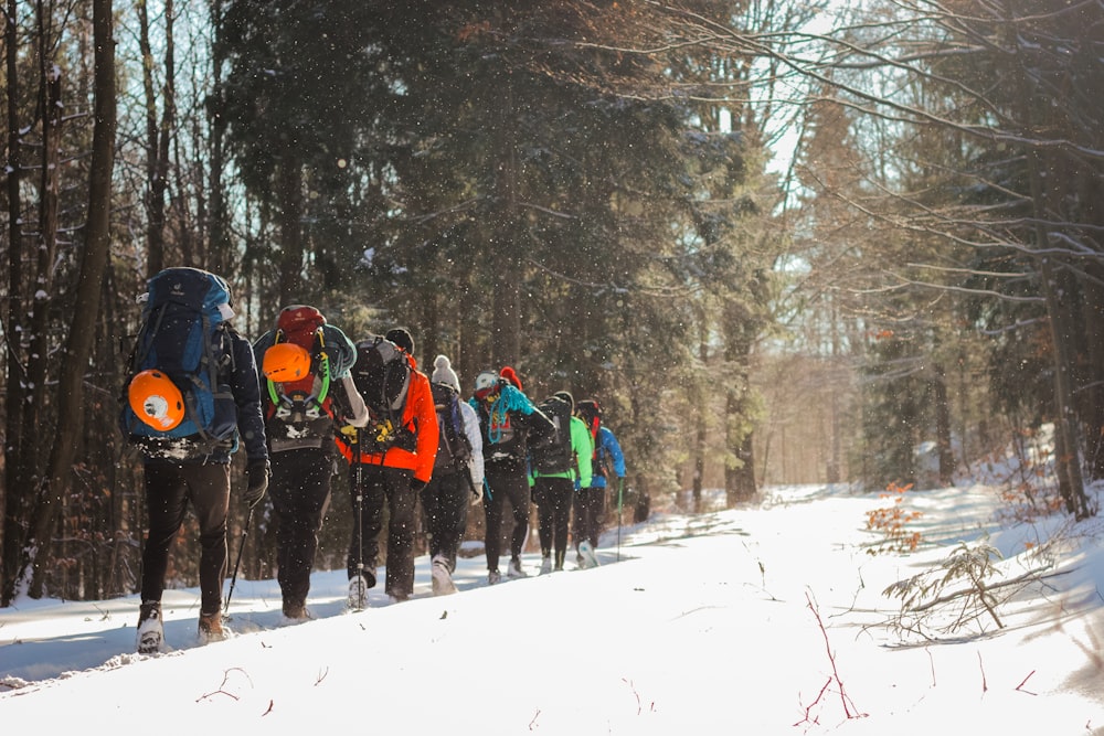 a group of people hiking in the snow