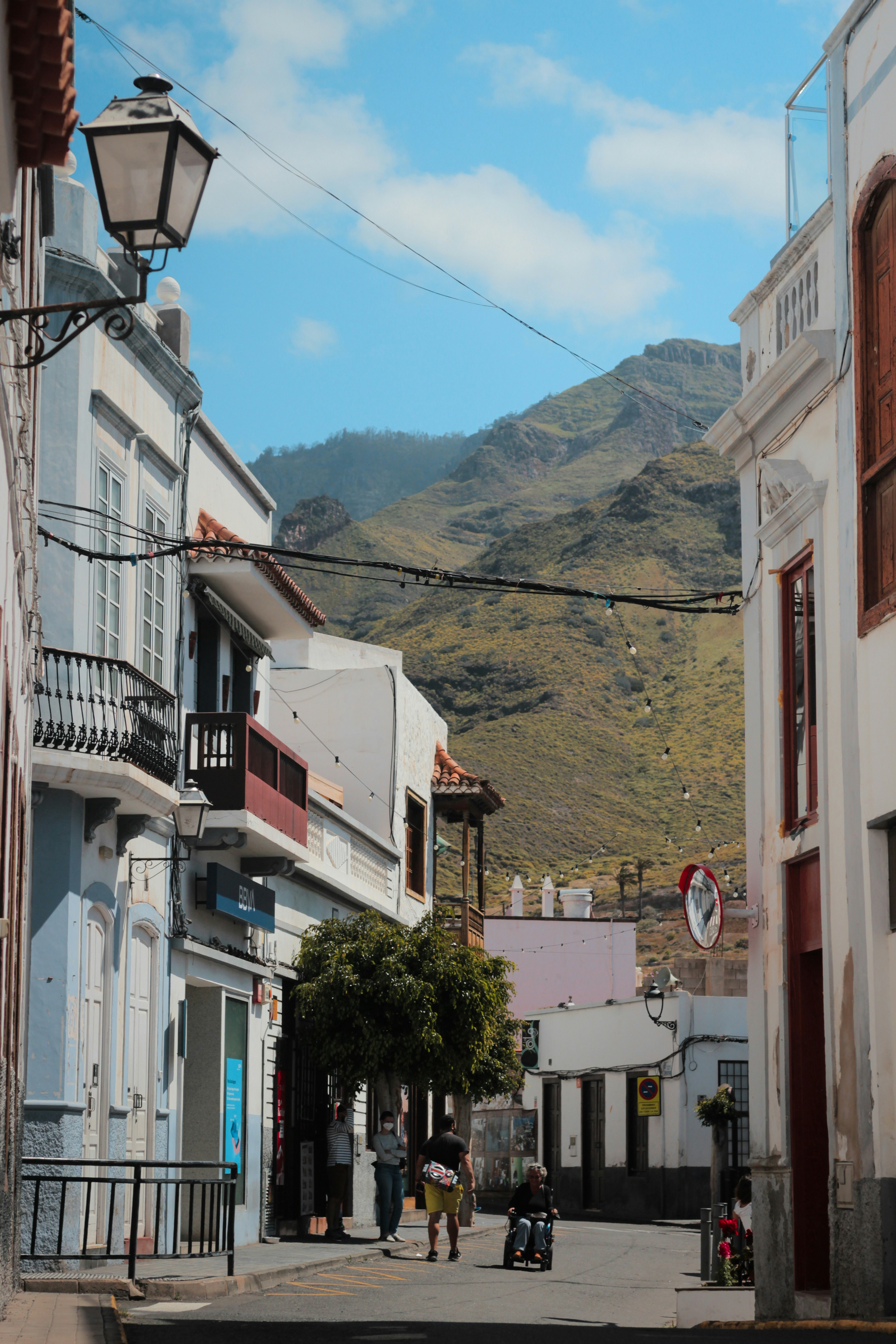 a street with buildings and trees