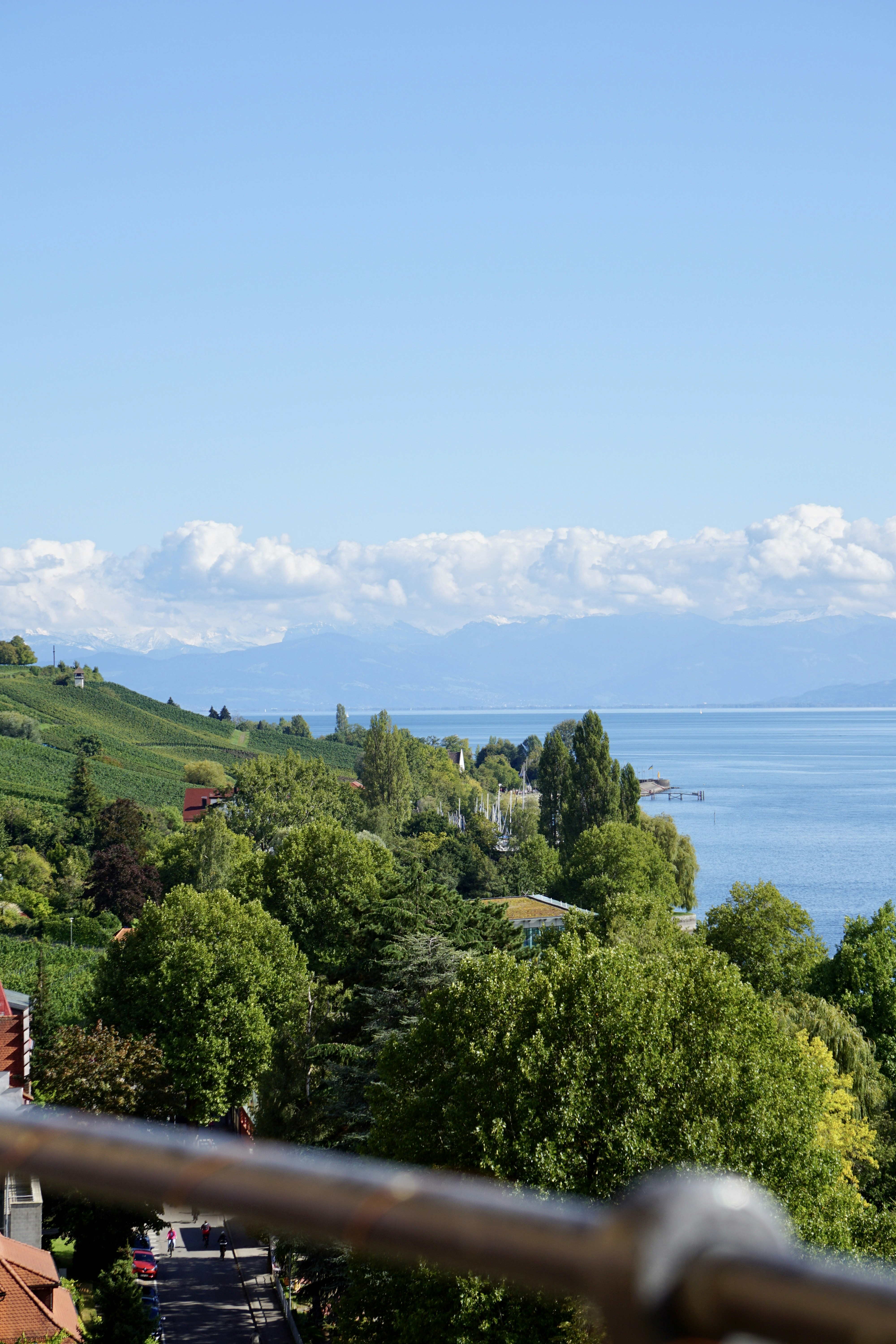 a view of a lake and mountains