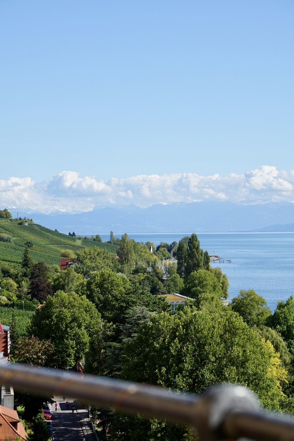 a view of a lake and mountains