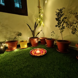 A serene indoor garden corner adorned with several potted plants arranged on a patch of artificial grass. In the center, there is a decorative platter with a lit candle surrounded by flower petals. The soft glow of string lights enhances the ambiance and highlights the foliage.