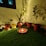 A serene indoor garden corner adorned with several potted plants arranged on a patch of artificial grass. In the center, there is a decorative platter with a lit candle surrounded by flower petals. The soft glow of string lights enhances the ambiance and highlights the foliage.