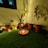 A serene indoor garden corner adorned with several potted plants arranged on a patch of artificial grass. In the center, there is a decorative platter with a lit candle surrounded by flower petals. The soft glow of string lights enhances the ambiance and highlights the foliage.