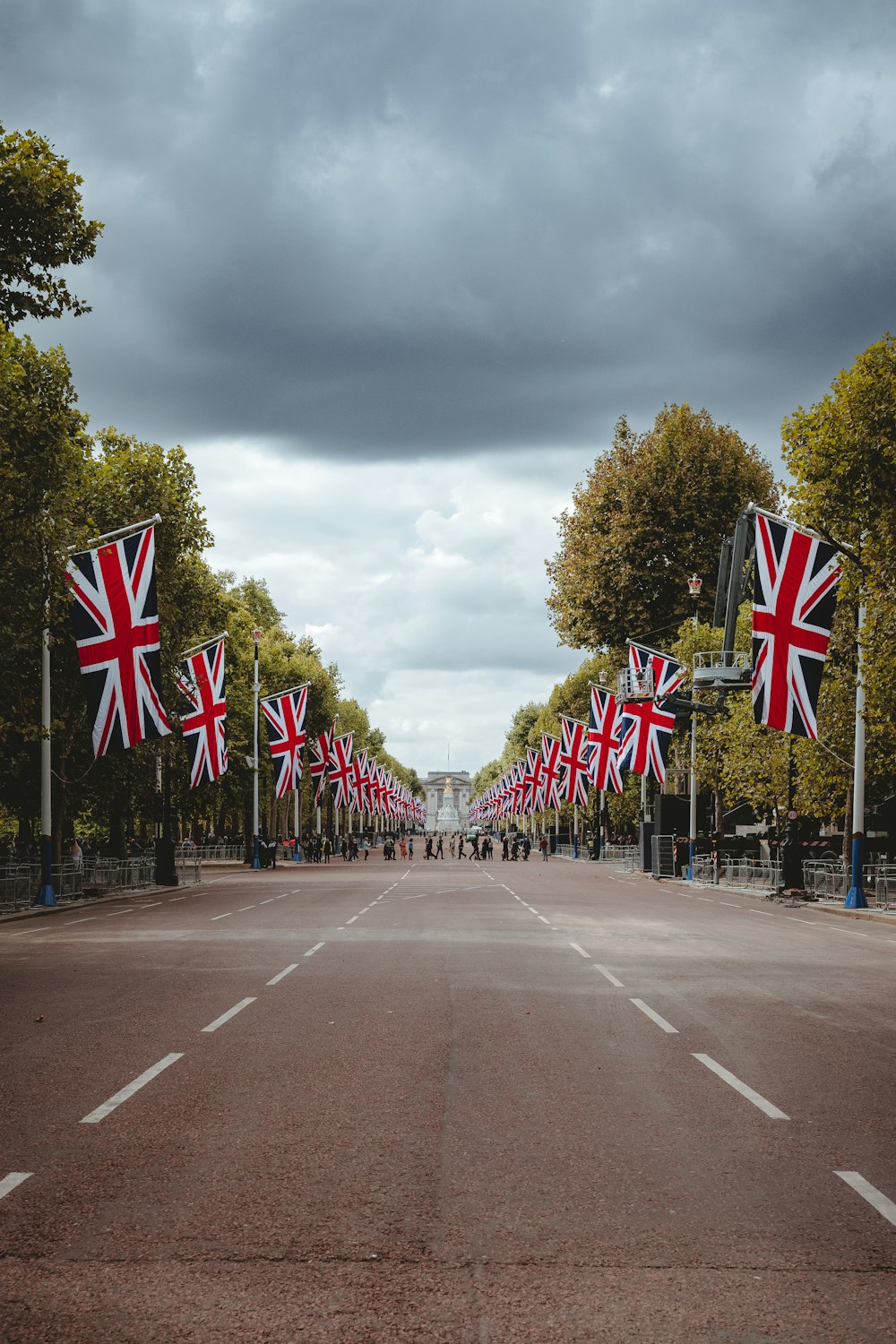 a road with flags on it