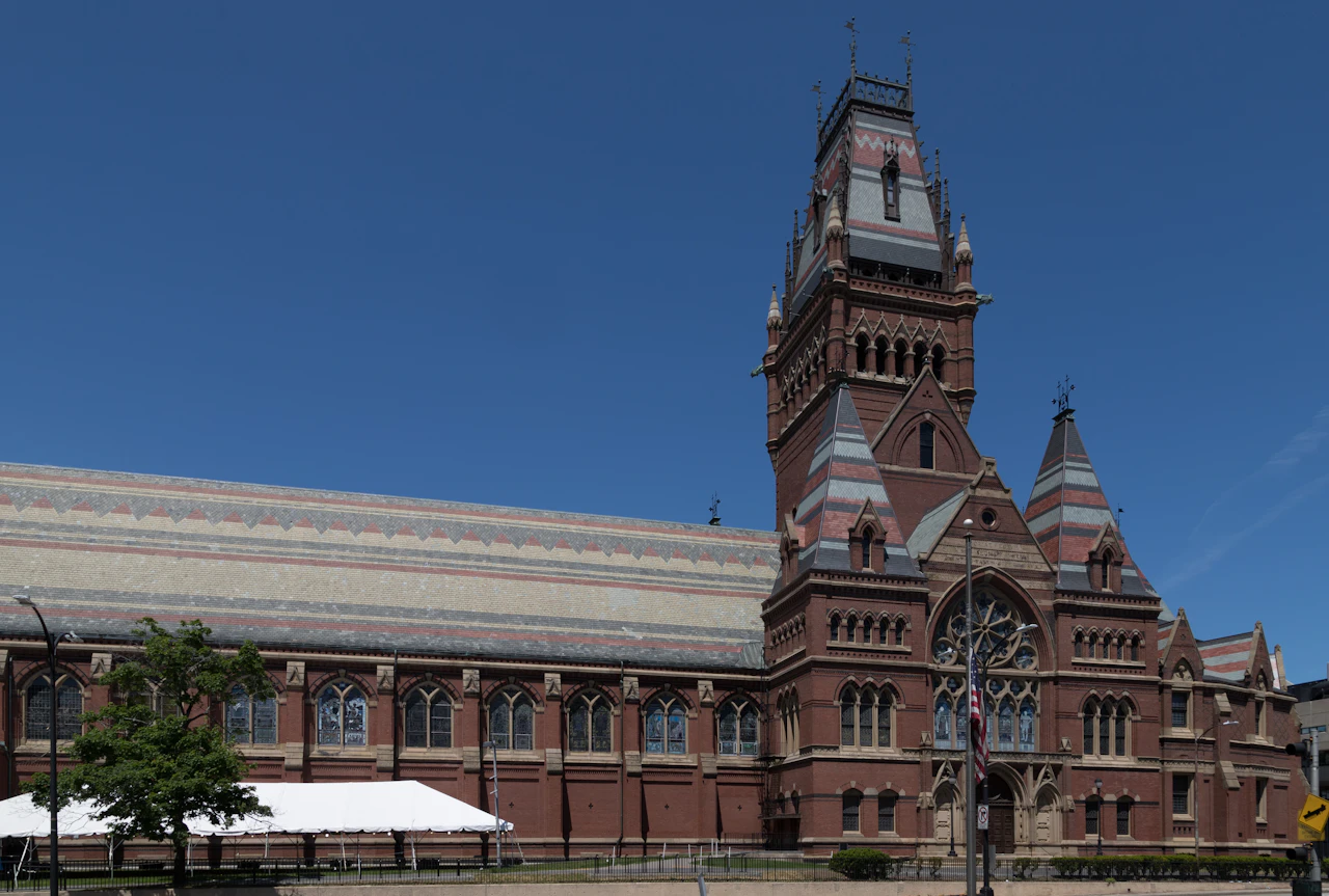 Harvard University campus, red brick buildings and green lawn