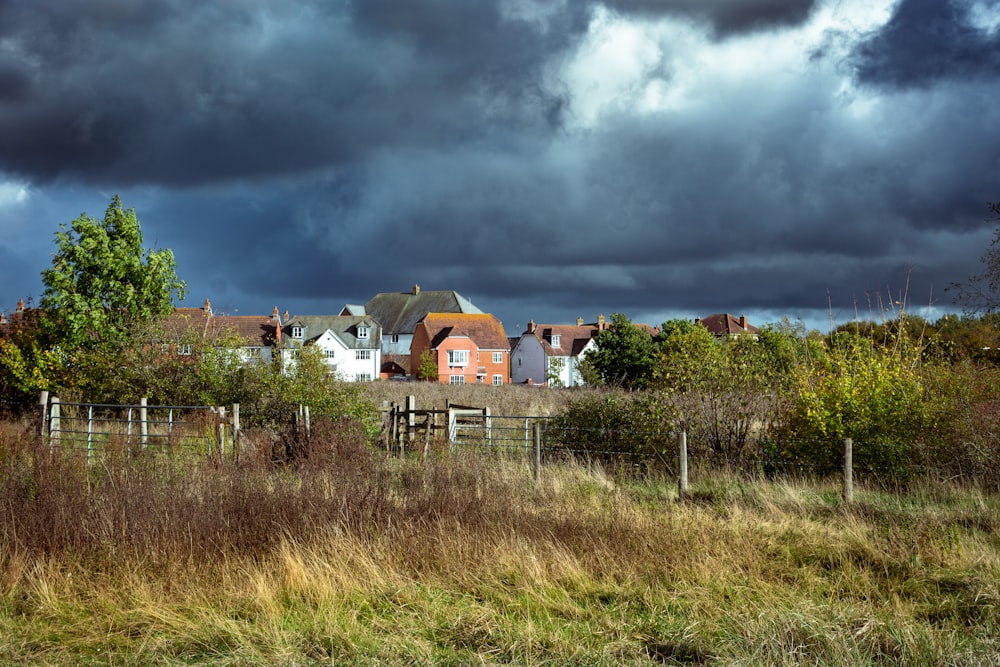 a group of houses with trees in front of them