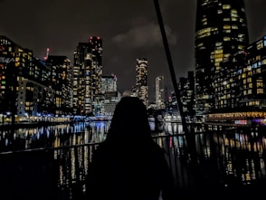 a person sitting on a dock looking out at a city at night