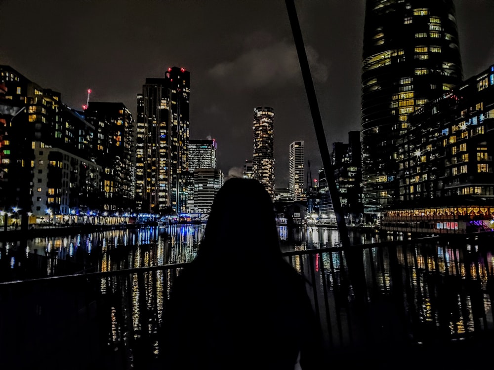 a person sitting on a dock looking out at a city at night