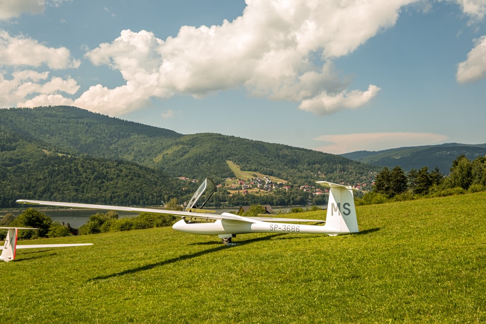 a small airplane on a grassy field