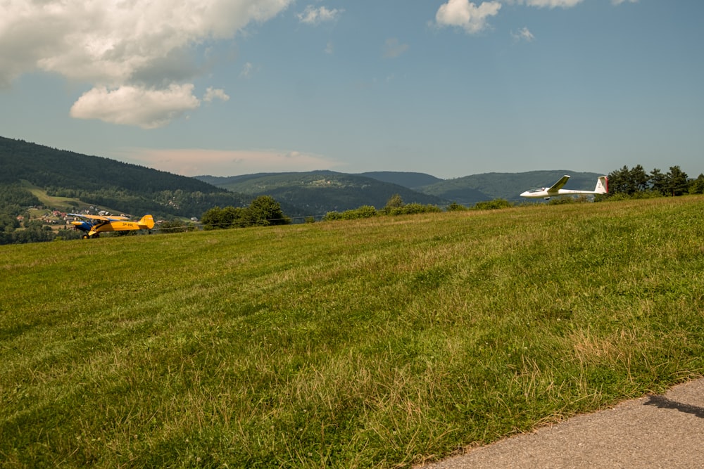 a grassy field with planes in the distance