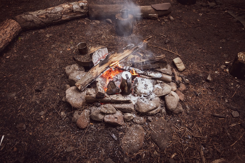 a fire pit with a pile of wood and a pile of wood