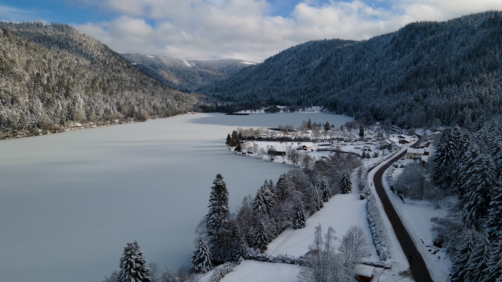 a river with snow and trees