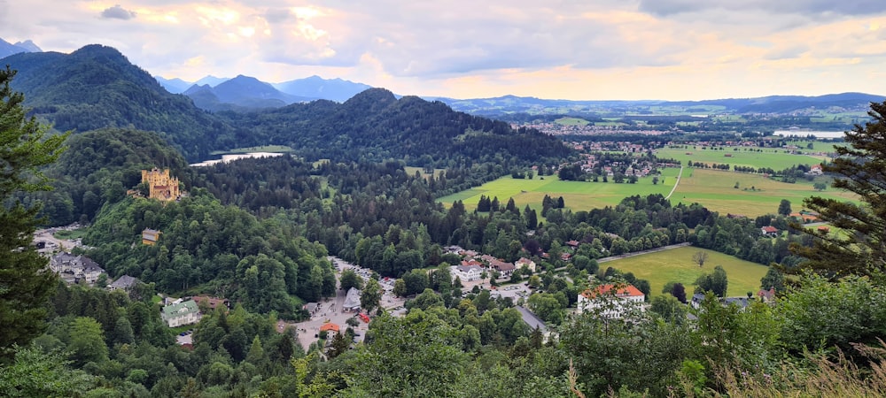 Eine Landschaft mit Bäumen und Gebäuden