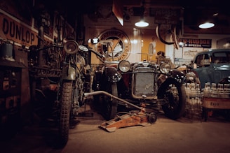 an old car in a garage