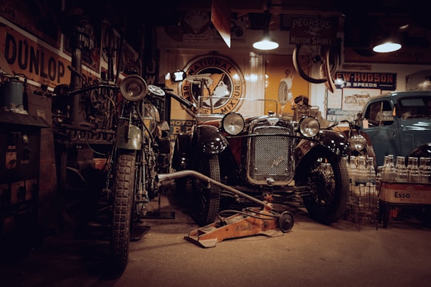 an old car in a garage