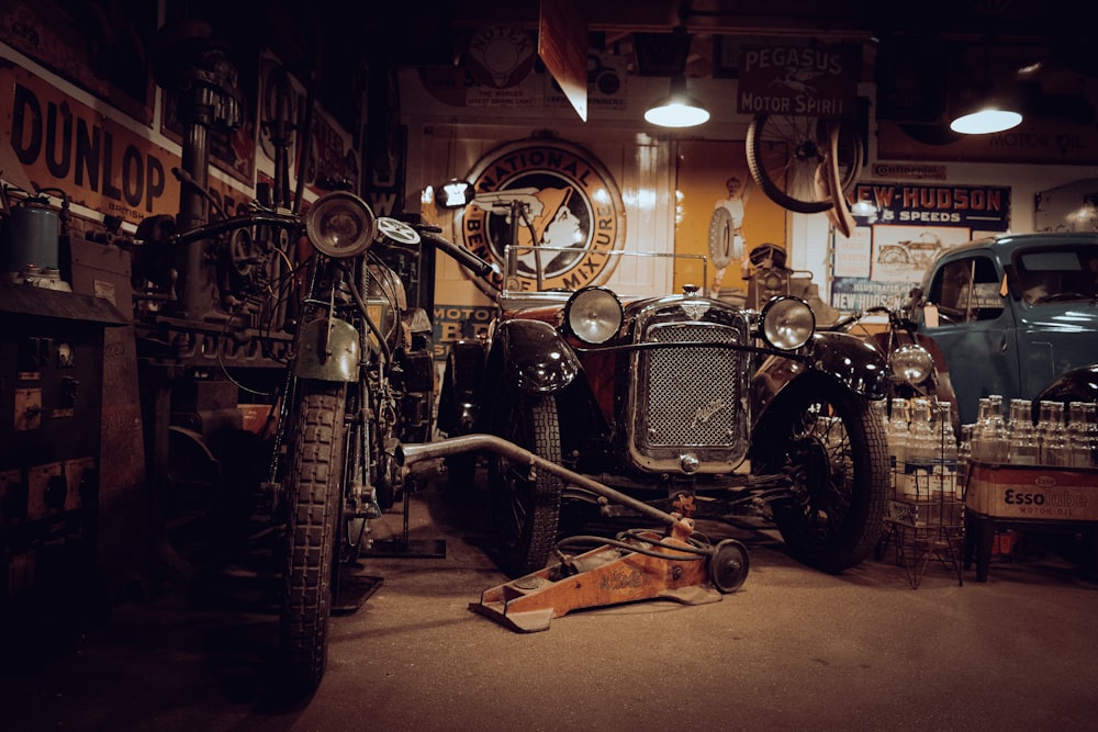 an old car in a garage