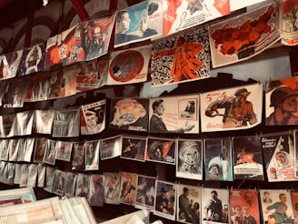 A display of vintage propaganda posters hanging on a wall, featuring various illustrations and slogans. The posters depict historical and political themes, showcasing figures in military and industrial settings, space exploration, and patriotic imagery. Many of the posters have a distinct red and black color scheme, highlighting strong and bold graphical elements.