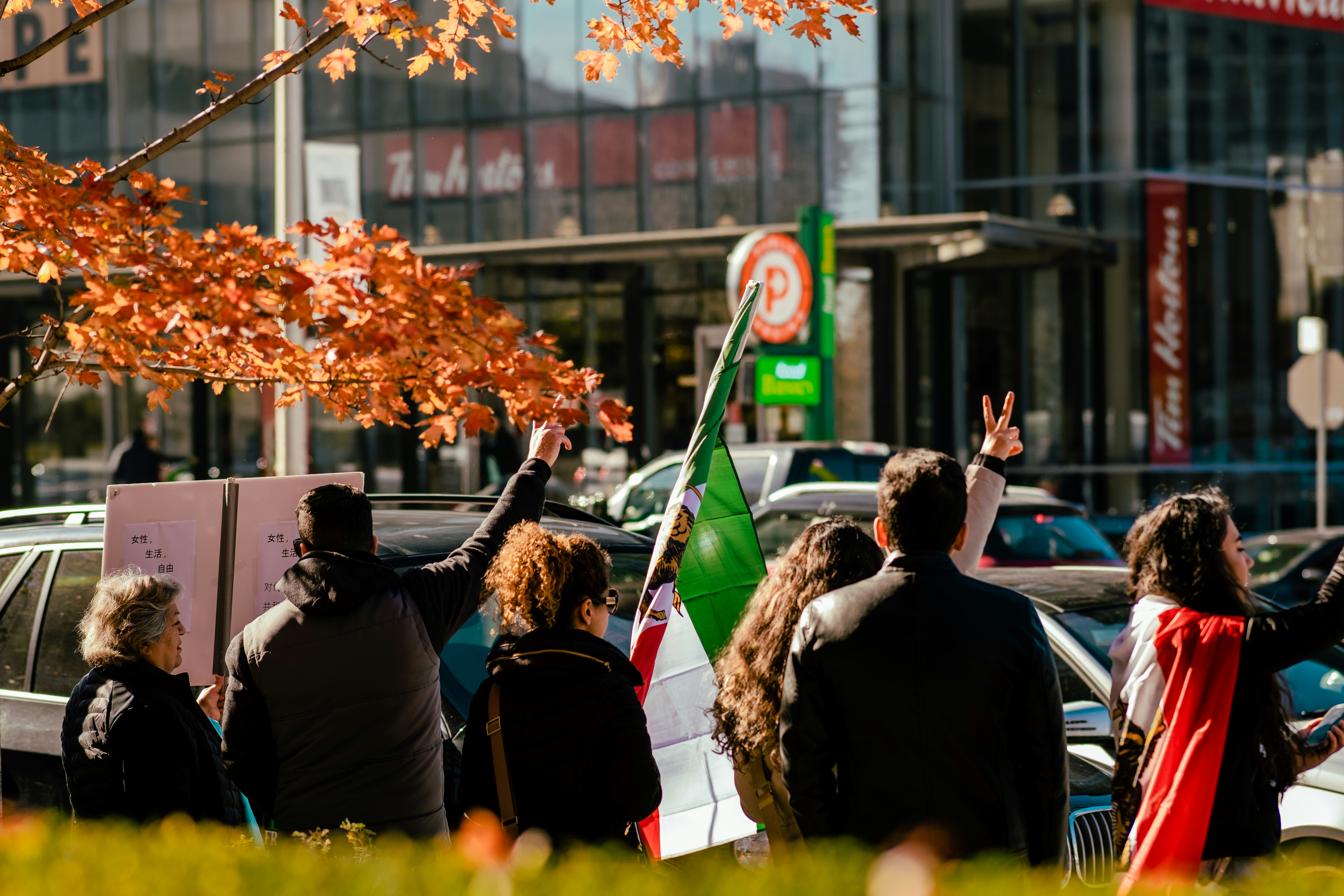a group of people holding flags