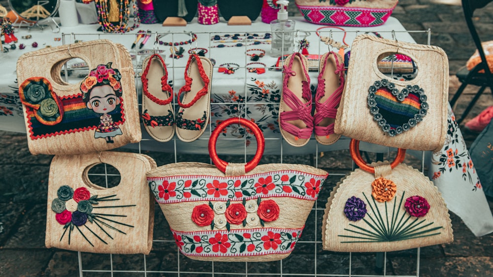 a table with purses and purses on it