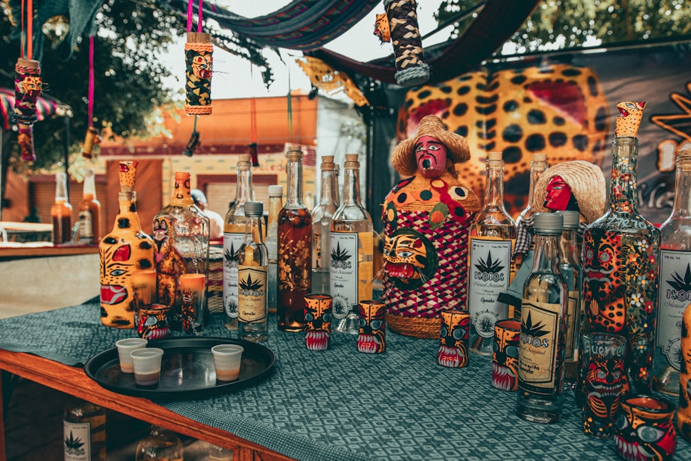 a group of bottles on a table