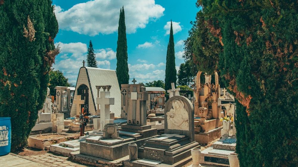 a cemetery with trees and buildings