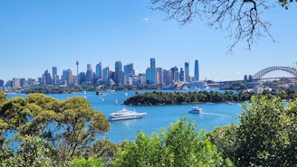 A clear view of a vibrant city skyline with a variety of modern skyscrapers seen across a body of water. Several boats and yachts are sailing on the blue waters. The iconic structure of the Sydney Opera House is visible along with the Sydney Harbour Bridge. Lush green trees frame the foreground of the image, adding a natural contrast to the urban elements.