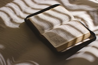 An open book lying on a bed with gentle light and shadow patterns cast across the pages, suggesting a peaceful and contemplative atmosphere.
