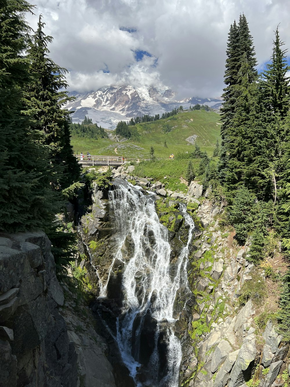 a waterfall in a valley with trees and mountains in the background