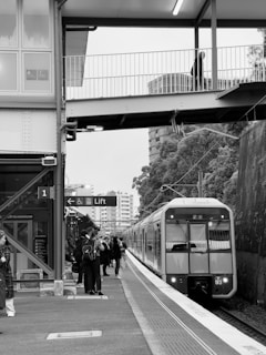 A black and white photograph of a train station platform with a train arriving on the tracks. Several people are gathered on the platform, some holding bags. Above them, a pedestrian bridge crosses over the tracks. The setting includes modern buildings and trees in the background.