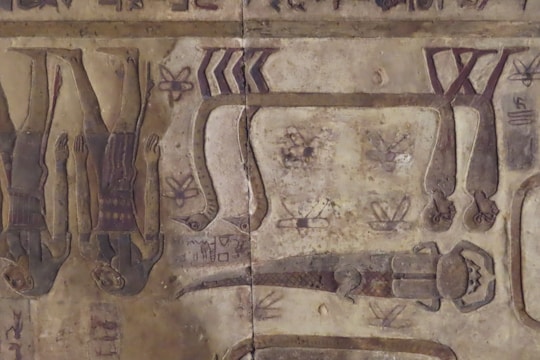 The image depicts an ancient Egyptian hieroglyphic scene featuring figures with humanoid bodies and animal heads, alongside snakes and abstract symbols. The artwork is inscribed on a worn, stone-like surface.