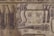 The image depicts an ancient Egyptian hieroglyphic scene featuring figures with humanoid bodies and animal heads, alongside snakes and abstract symbols. The artwork is inscribed on a worn, stone-like surface.