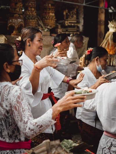 a group of people eating food