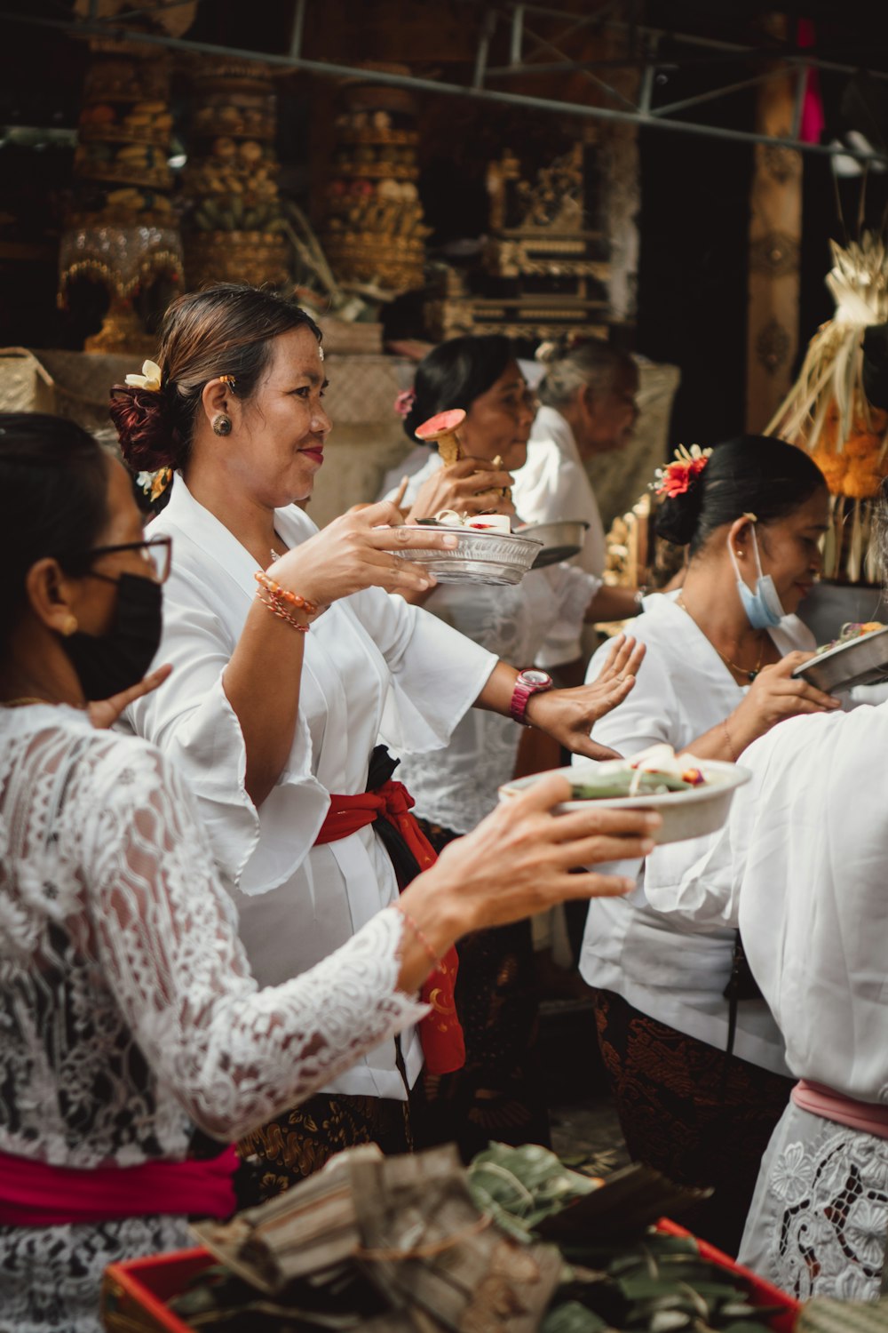 a group of people eating food