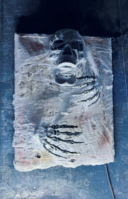 Rigging stage showing skeletal structure overlay on a glowing 3D figure inside a glassmorphism card.