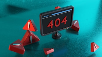 A digital representation of a 404 error with a screen displaying the number '404' surrounded by red triangular warning signs with exclamation marks. The background is a smooth, glossy teal surface, creating a modern, tech-related visual theme.