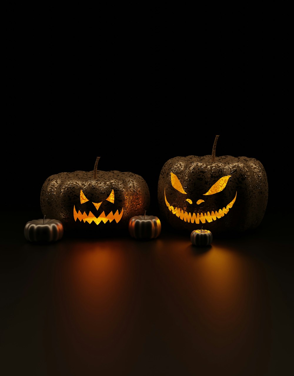 a group of carved pumpkins