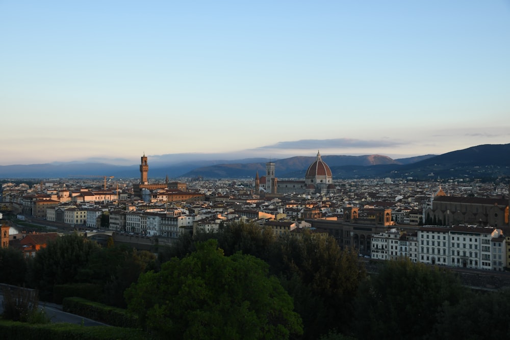 a city with a mountain in the background