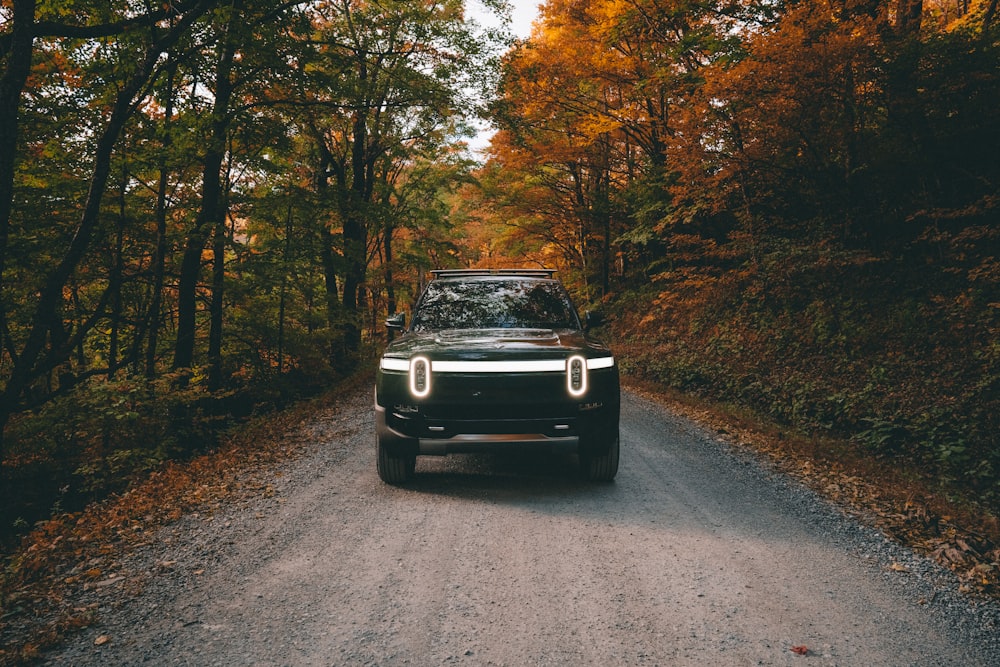 a car on a dirt road surrounded by trees