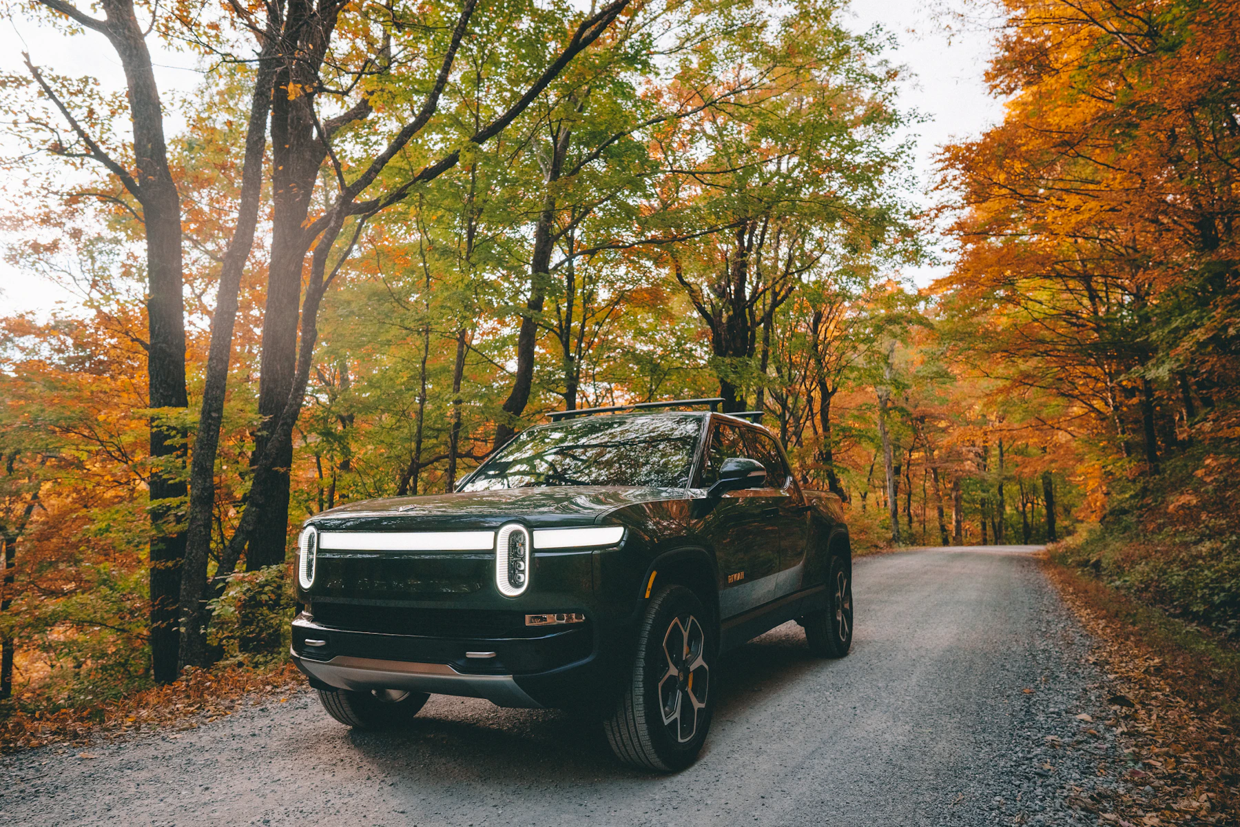 A Rivian electric pickup on a winding forest road