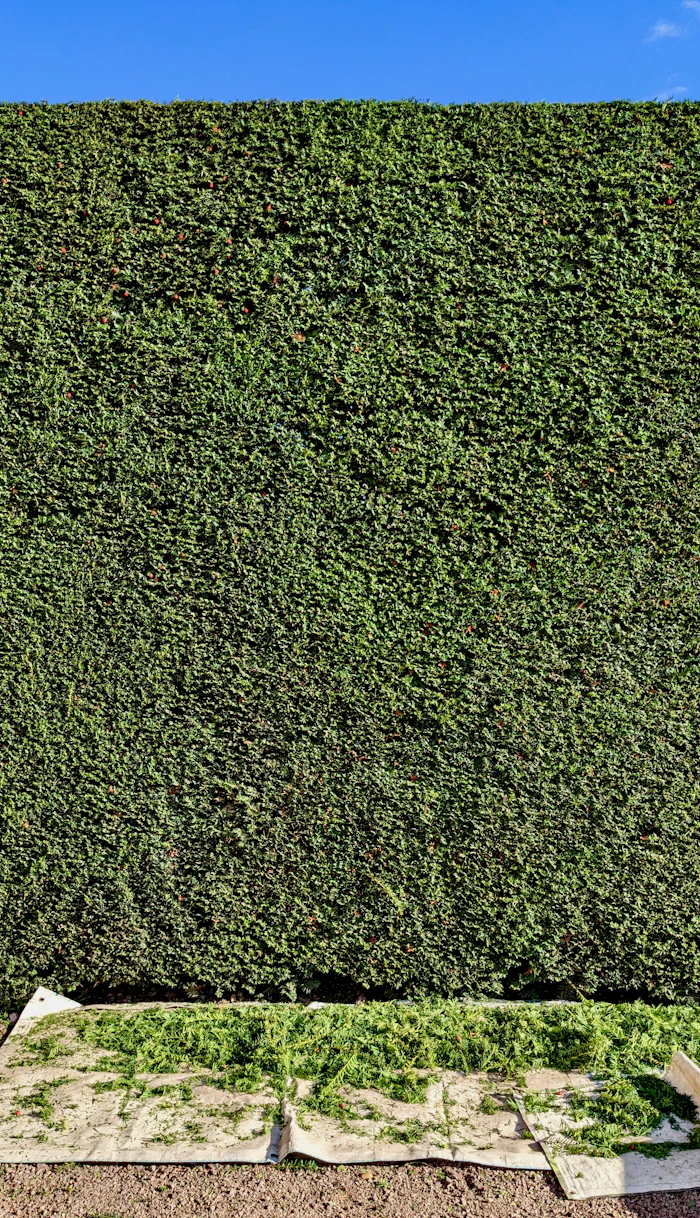 Freshly trimmed hedge with the cut clippings gathered on a tarp below, under a clear blue sky