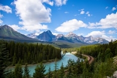 a river surrounded by trees and mountains