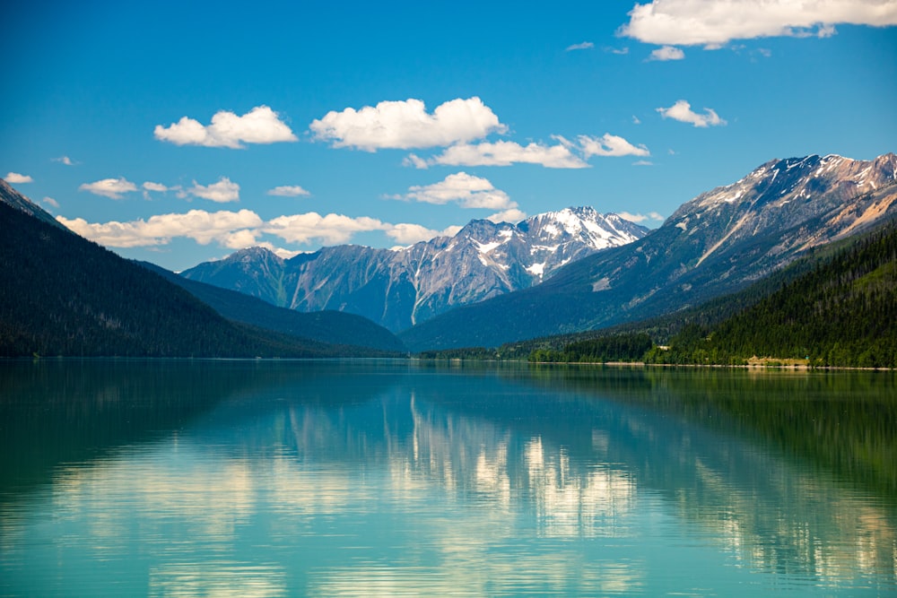 a lake with mountains in the background