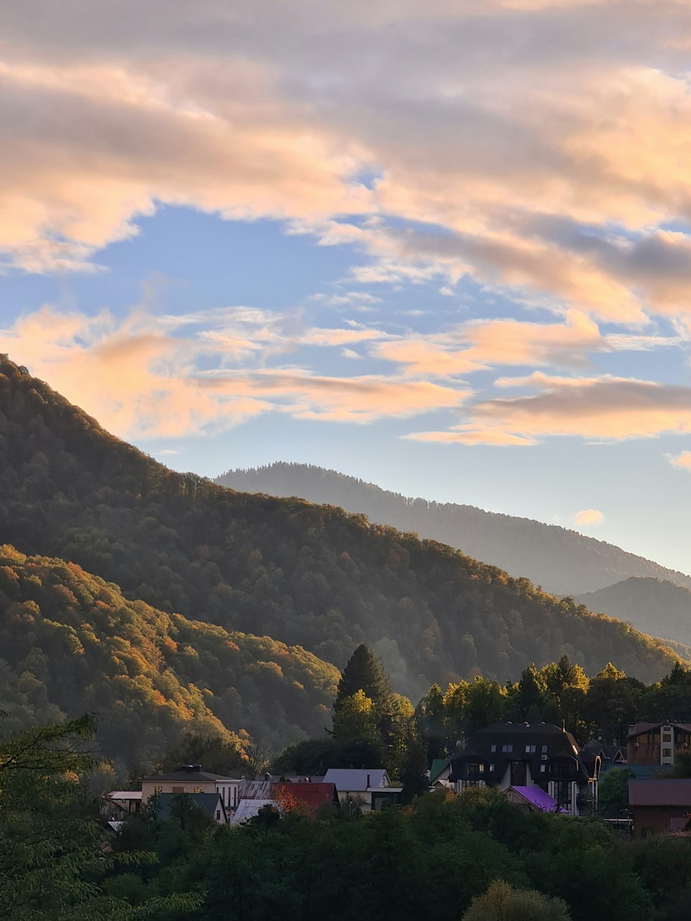 a group of houses in front of a mountain