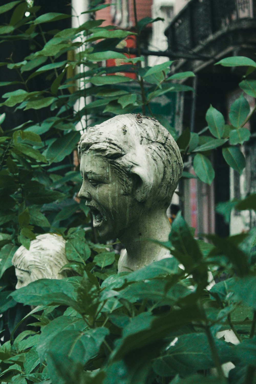 a statue of a person surrounded by plants