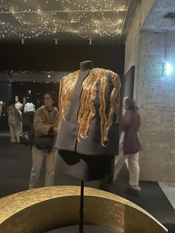 A sleek black mannequin dressed in a deep burgundy, gold-accented prom gown under soft moody lighting.