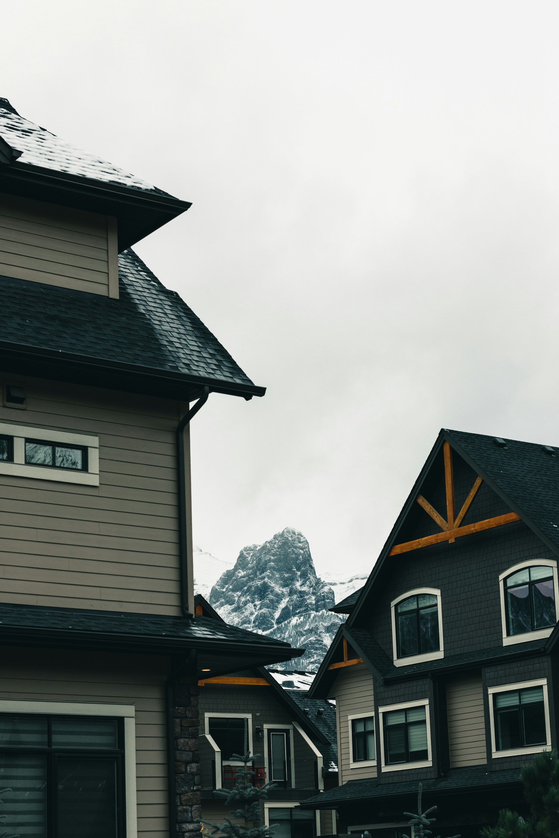 a group of houses with a mountain in the background