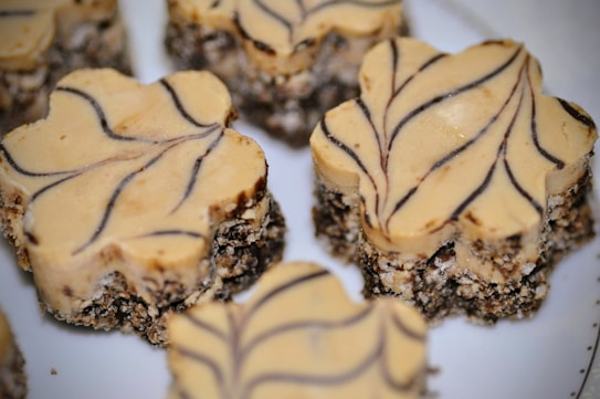Several dessert bars with a creamy beige top layer decorated with dark brown swirl patterns. The base appears to be a crumbly mix of chocolate and oats, providing a rustic texture.