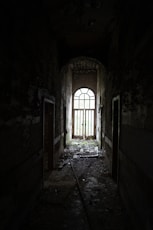 a dark room with a door and windows